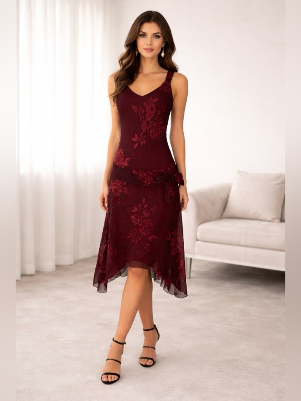 Vintage Jonathan Martin SilkBurgundy Floral High-Low V-Neck Dress VTG Y2k 90s